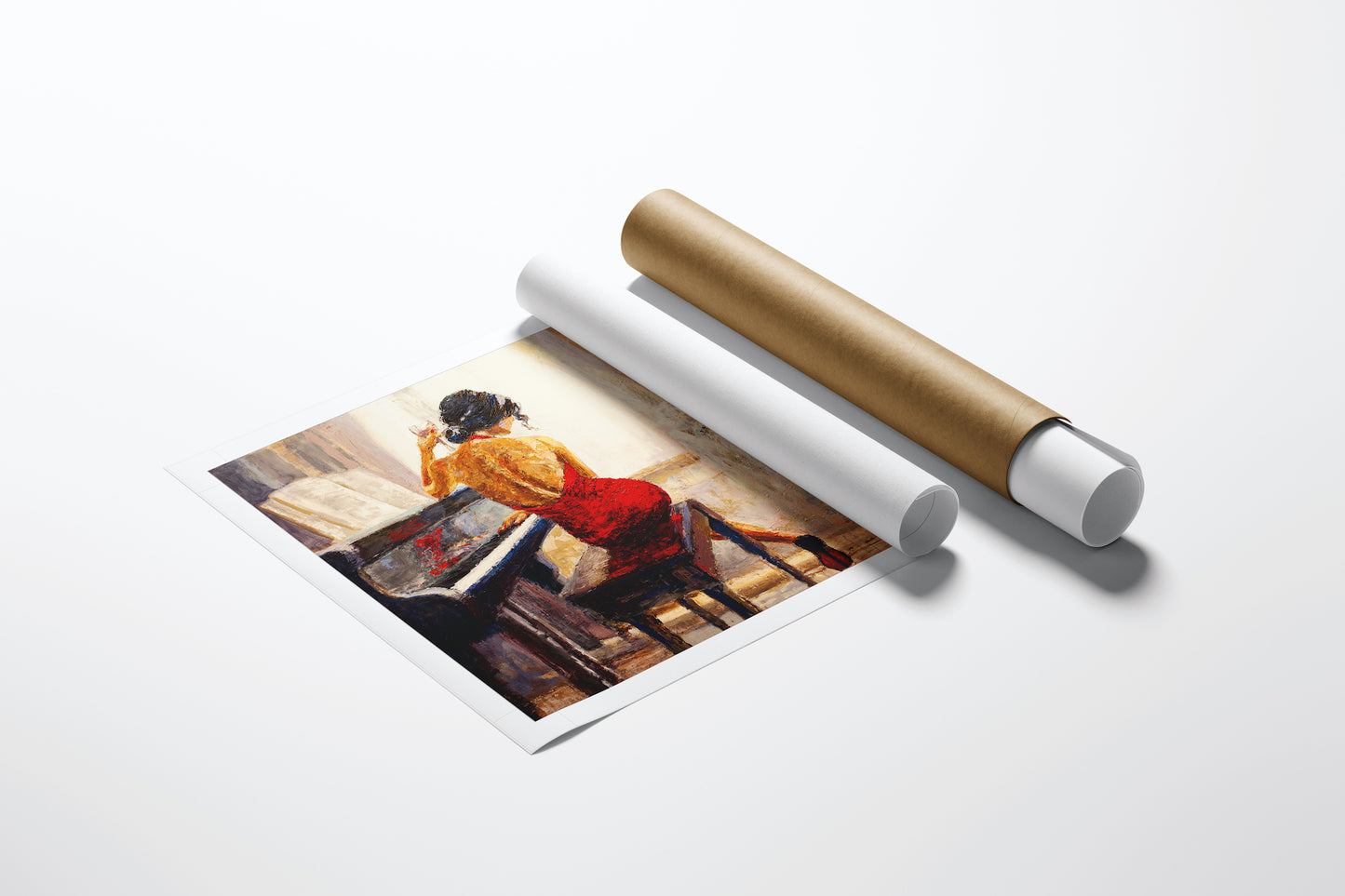Rich, gallery-level fine art print titled "In a Single Note" featuring a woman in a red dress playing piano, displayed. - In a Single Note/AP/#273 - Artist Proofs, Figurative AP, Rolled Canvas, Women & Piano AP