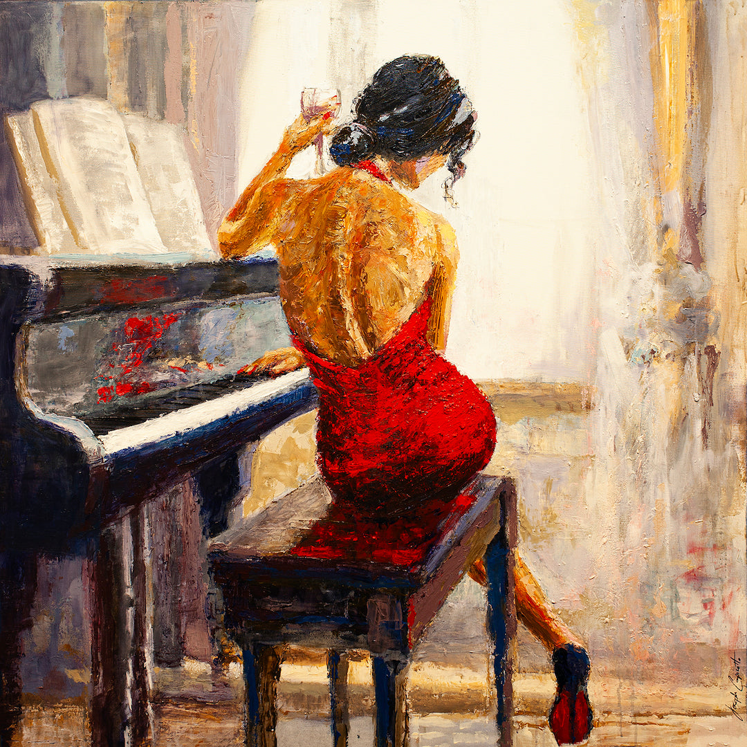 Fine art gallery-level painting of a woman in a red dress seated at a piano, rich textured brushstrokes, warm tones, and. - In a Single Note/AP/#273 - Artist Proofs, Figurative AP, Rolled Canvas, Women & Piano AP