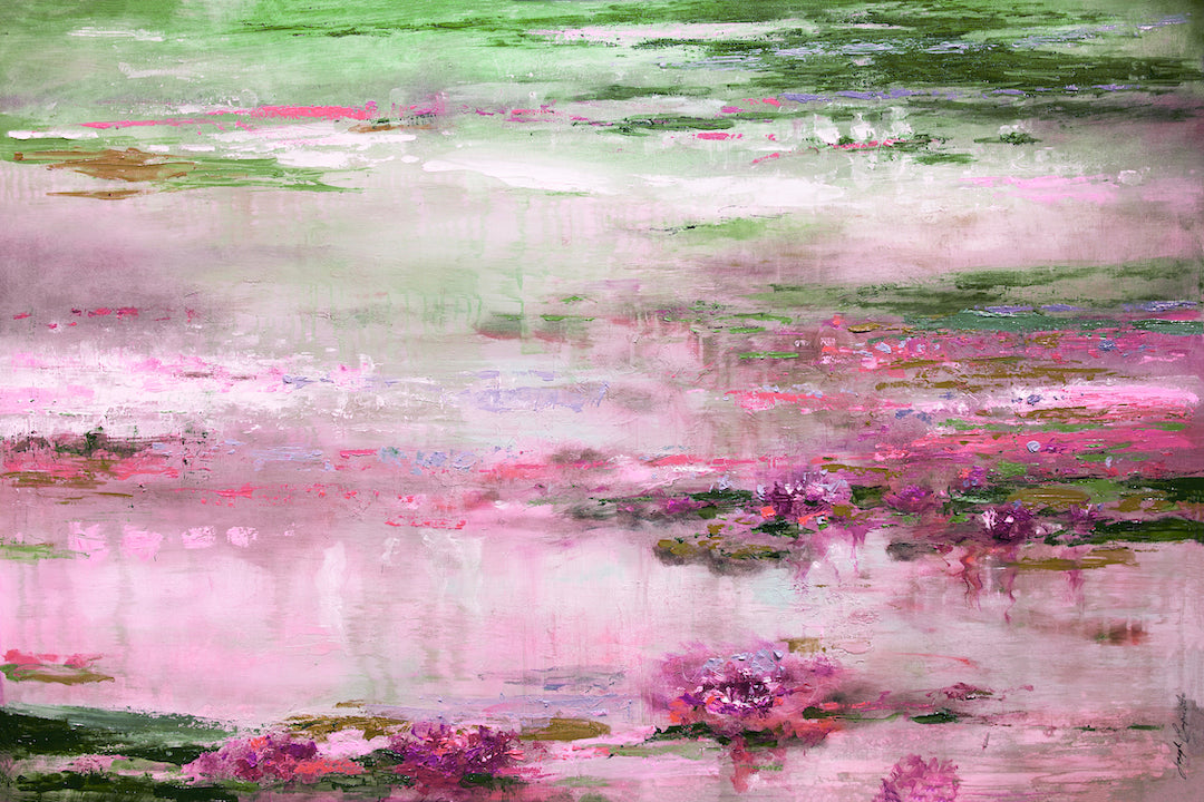 Limited edition fine art canvas print featuring a rich, impressionistic landscape with vibrant greens and purples depicting. - My Monet/#274/A - Color, Greens, Landscape, Prints, Purples, Subject Matter, Water Scenes