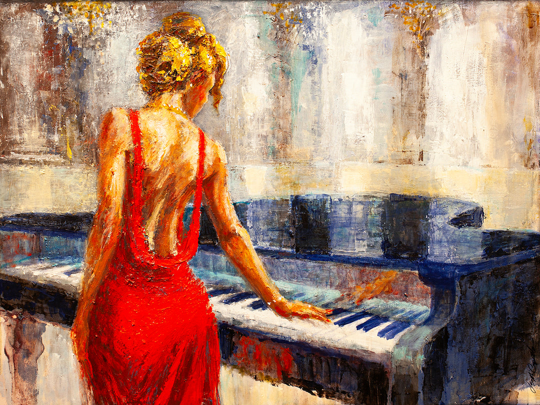 Gallery-level fine art of a woman in a red dress playing a grand piano, rich texture and craftsmanship in warm tones. - Remember When.../#278 - Figurative LE, Limited Editions, Rolled Canvas, Women & Piano LE