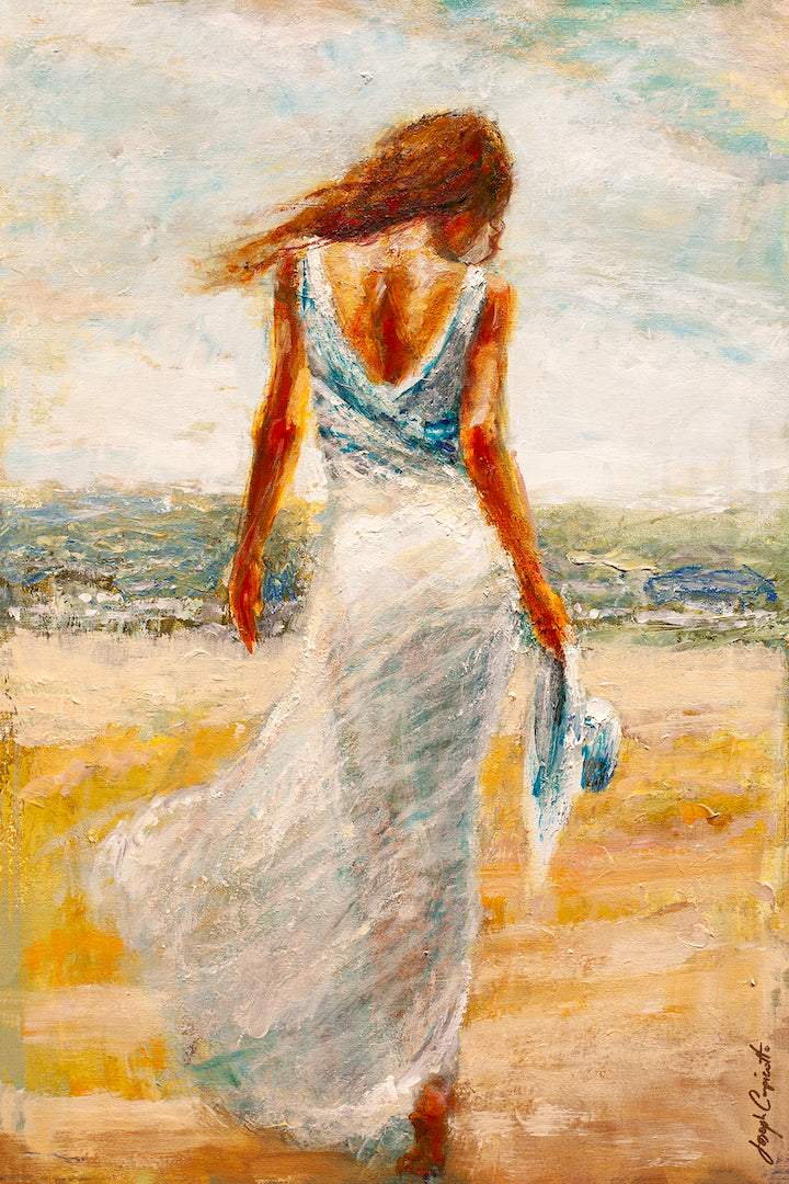 Fine art gallery-level painting of a woman in a flowing white dress walking on a sandy beach, rich textures and warm earthy. - Seabreeze/AP/#279 - Artist Proofs, Figurative AP, Rolled Canvas