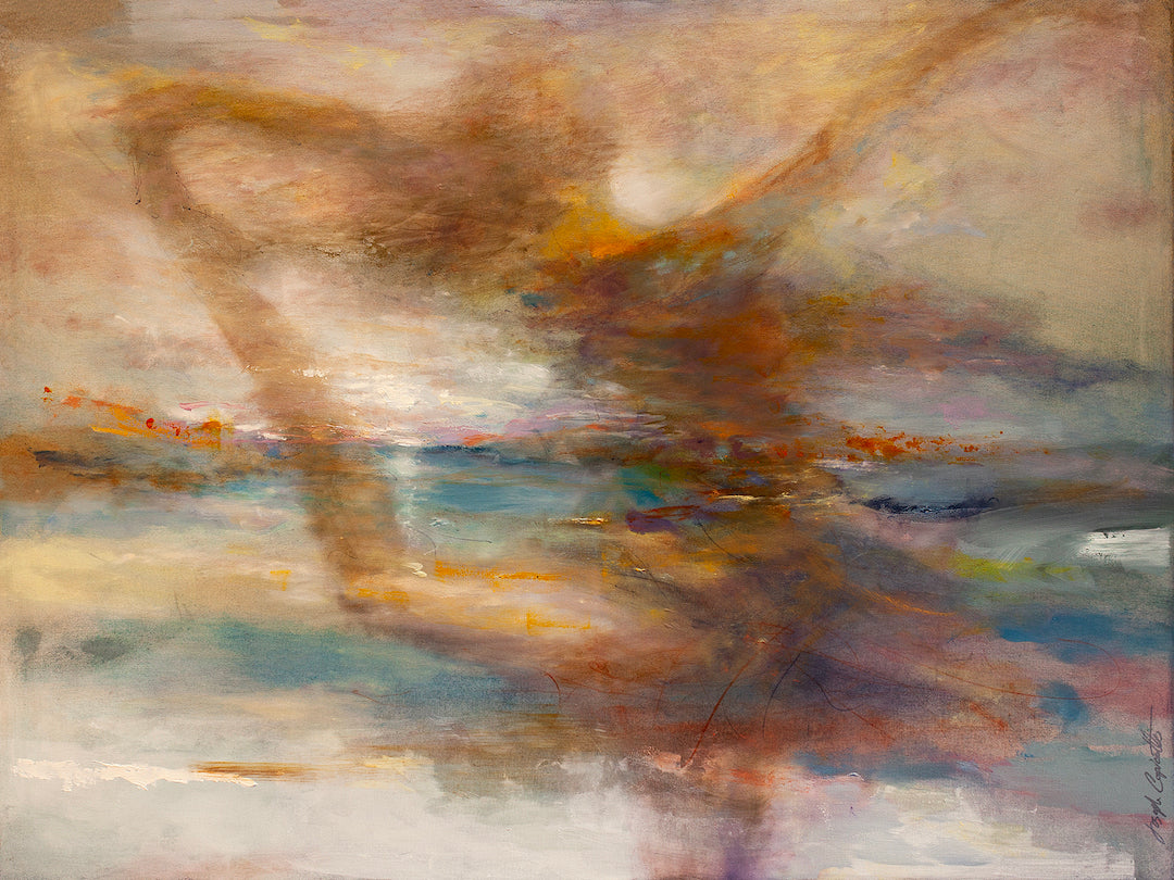 Abstract figurative artwork in rich earth tones and soft blues, showcasing skilled brushwork on gallery-level canvas with a. - Rejoice/AP/#280 - Abstract AP, Artist Proofs, Figurative AP, Rolled Canvas