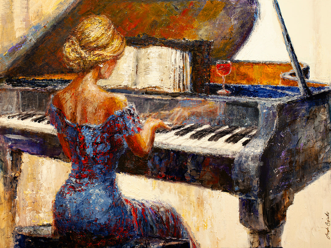 Rich, gallery-level fine art depicting a woman in a textured red dress playing a grand piano with warm, expressive. - A Touch of Red/AP/#281 - Artist Proofs, Figurative AP, Rolled Canvas, Women & Piano AP
