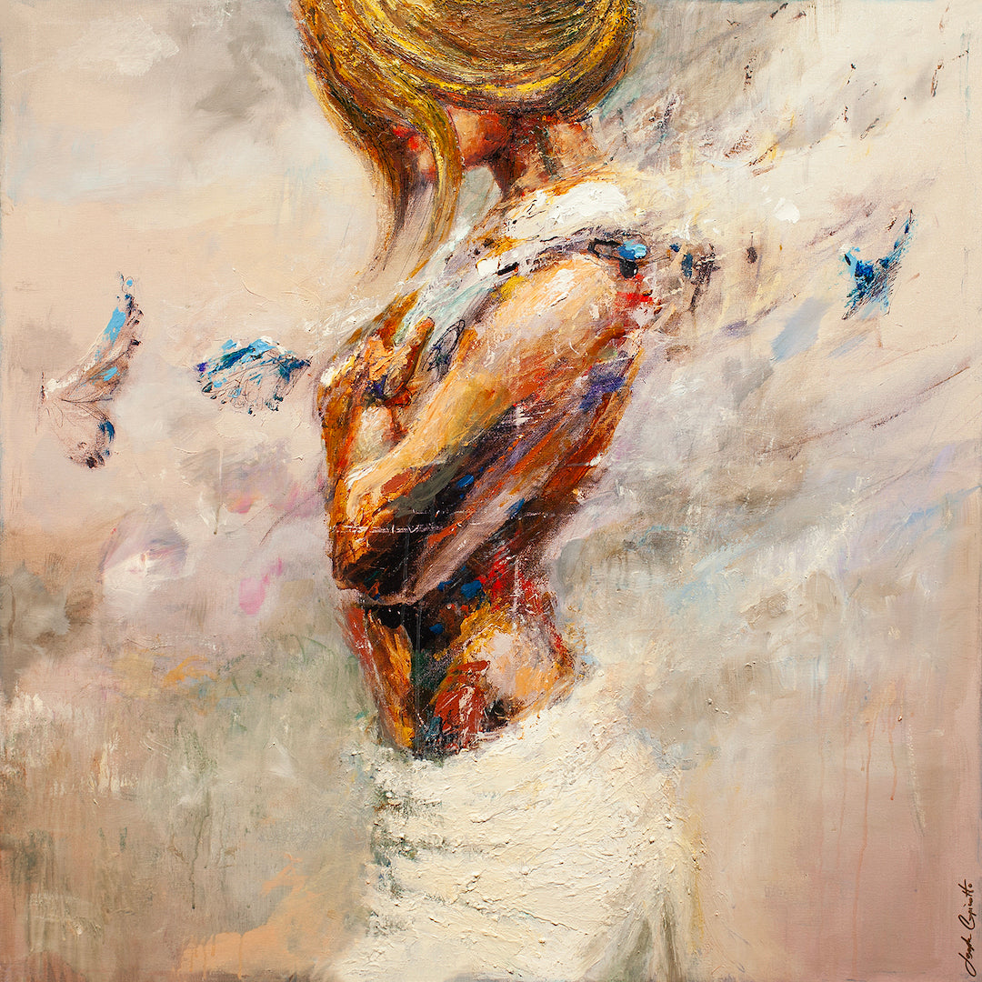 Gallery-level fine art canvas showing a rich, textured figurative painting of a woman with golden hair, soft brushstrokes,. - Into Her Soul/AP/#283 - Artist Proofs, Figurative AP, Rolled Canvas