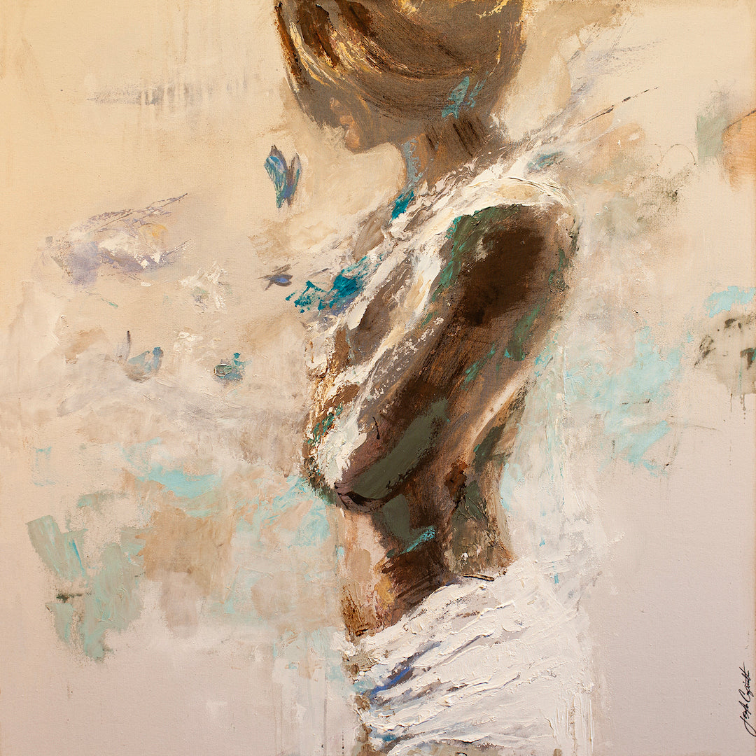 Fine art figurative painting of a woman with folded arms, soft earthy tones, textured brushwork, and delicate blue. - Butterfly Girl #8/AP/#286 - Artist Proofs, Figurative AP, Rolled Canvas
