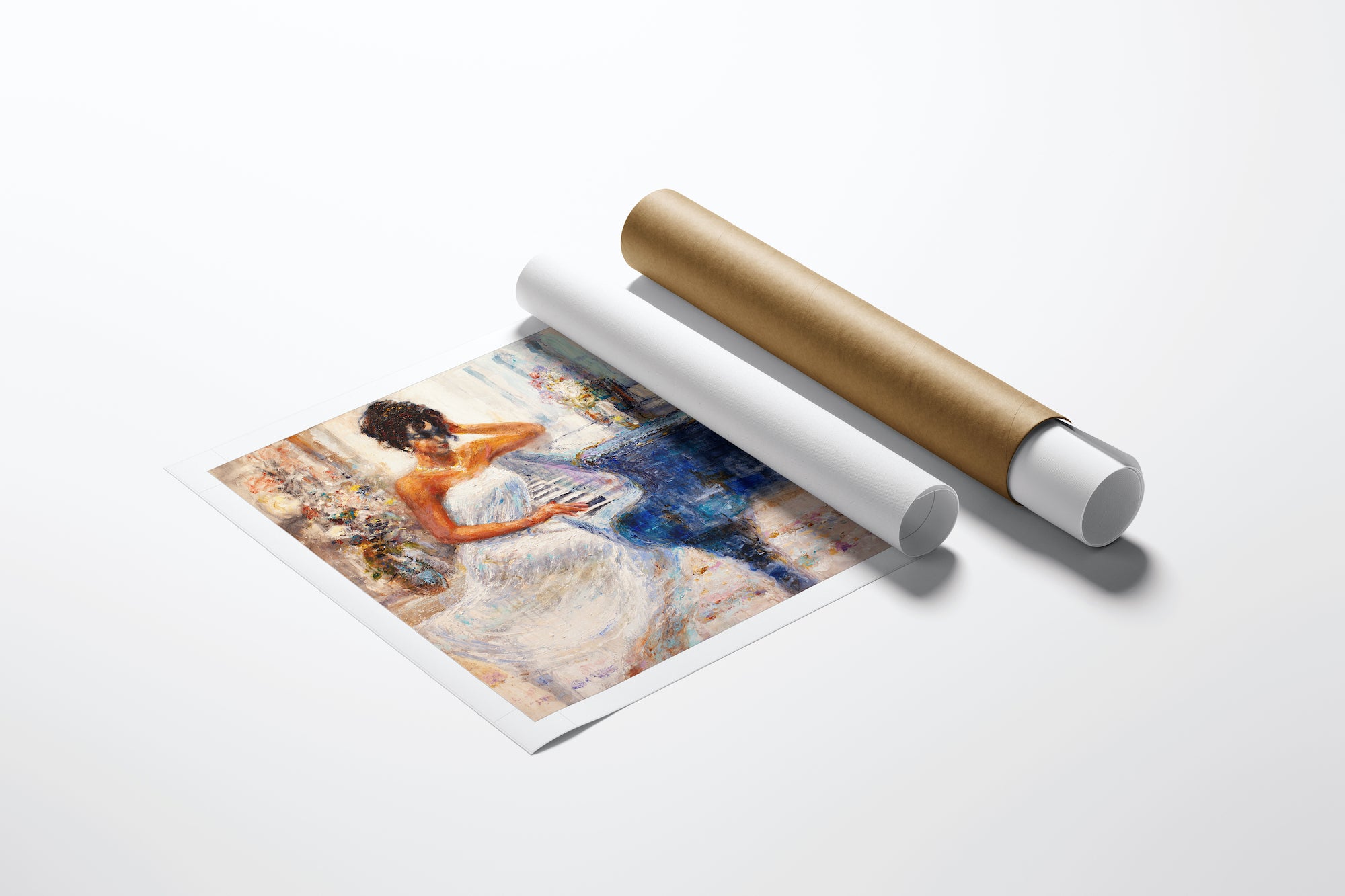 Rolled fine art canvas print titled Sound Waves/AP/#288 depicting a woman playing piano with rich colors, showcasing. - Sound Waves/AP/#288 - Artist Proofs, Figurative AP, Rolled Canvas, Women & Piano AP