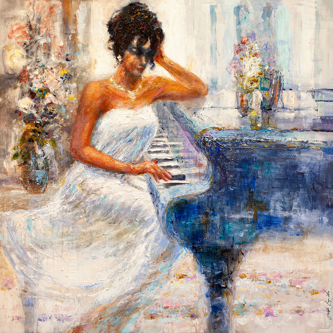 Rich, gallery-level fine art depicting a woman in a white dress seated at a dark blue piano, rendered with textured. - Sound Waves/AP/#288 - Artist Proofs, Figurative AP, Rolled Canvas, Women & Piano AP