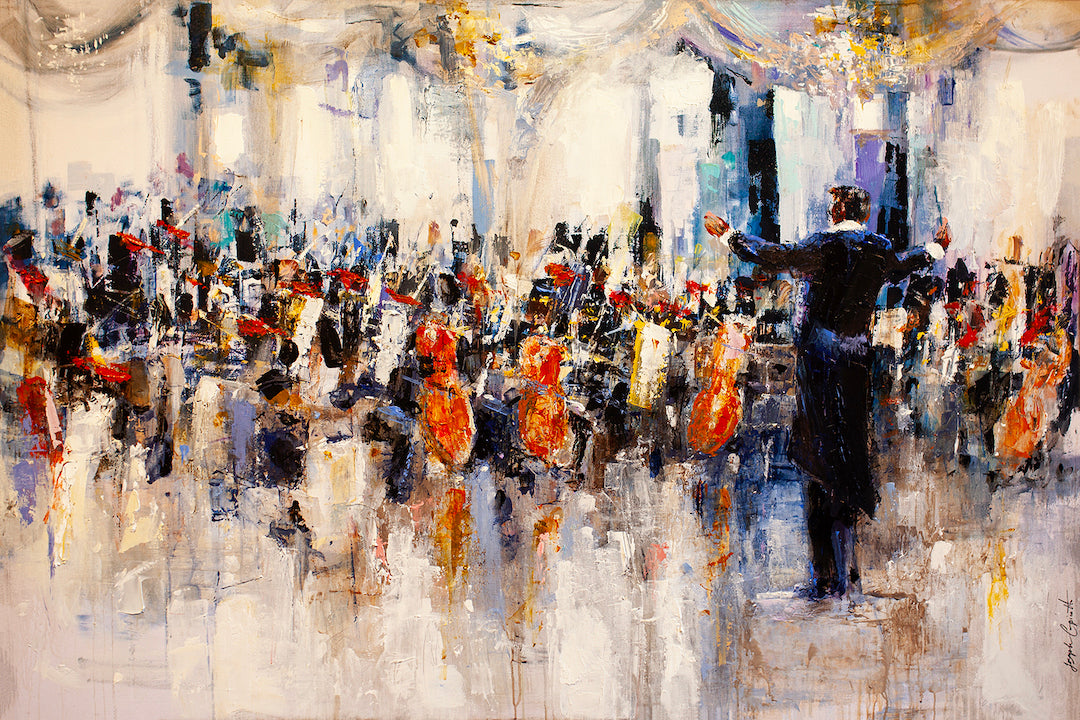 Richly textured fine art canvas depicting a vibrant orchestra scene with musicians in warm tones, dynamic brushstrokes, and. - All Together Now/AP/#289 - Artist Proofs, Figurative AP, Rolled Canvas