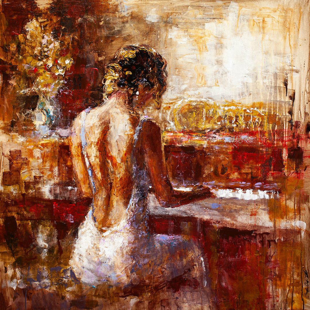 Rich fine art painting of a woman in a white dress seated at a piano, warm earth tones with textured brushstrokes,. - Warmth in White/AP/#290 - Artist Proofs, Figurative AP, Rolled Canvas, Women & Piano AP