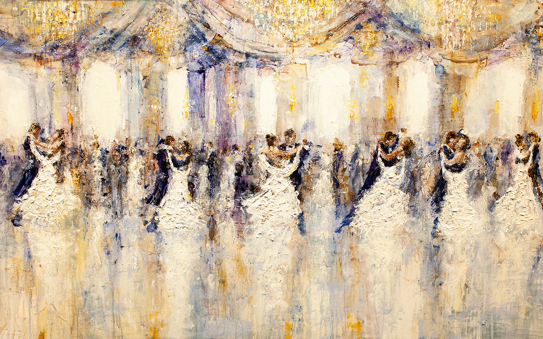Richly textured fine art canvas depicting a line of elegant dancers in flowing white and dark gowns, showcasing. - Decadent/AP/#291 - Artist Proofs, Dancers AP, Figurative AP, Rolled Canvas