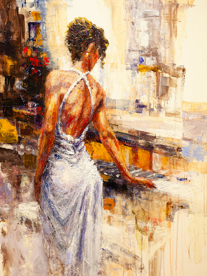Rich, gallery-level fine art of a woman in an elegant white dress with an open back, standing by a textured piano,. - Once Upon a Time/AP/#292 - Artist Proofs, Figurative AP, Rolled Canvas, Women & Piano AP