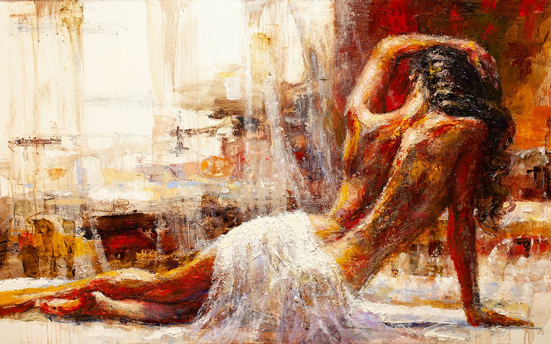 Limited gallery-level fine art featuring a richly textured figurative painting of a reclining nude woman with warm earthy. - Warm Morning Breeze/AP/#294 - Artist Proofs, Figurative AP, Rolled Canvas