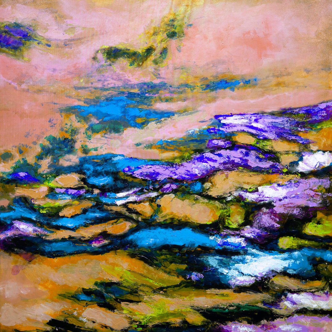 Limited edition fine art canvas print with rich blues, purples, and oranges in abstract landscape style, showcasing. - And They're Off/#297/A - Abstract, Blues, Color, Oranges, Prints, Purples, Subject Matter