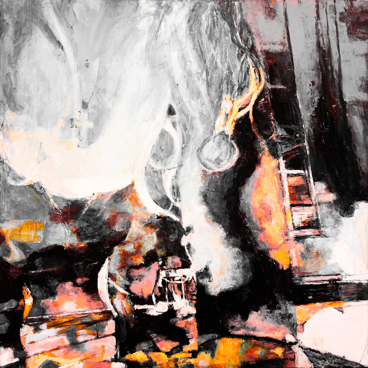 Abstract fine art canvas featuring rich oranges and deep blacks with dynamic brushstrokes and layered textures, showcasing. - Pictures/#299/A - Abstract, Color, Oranges, Prints, Subject Matter