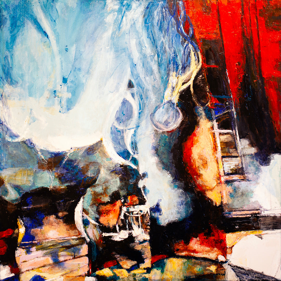 Abstract fine art on canvas featuring rich blue, white, and red hues with dynamic brushstrokes and layered texture,. - Pictures/AP/#299 - Abstract AP, Artist Proofs, Rolled Canvas