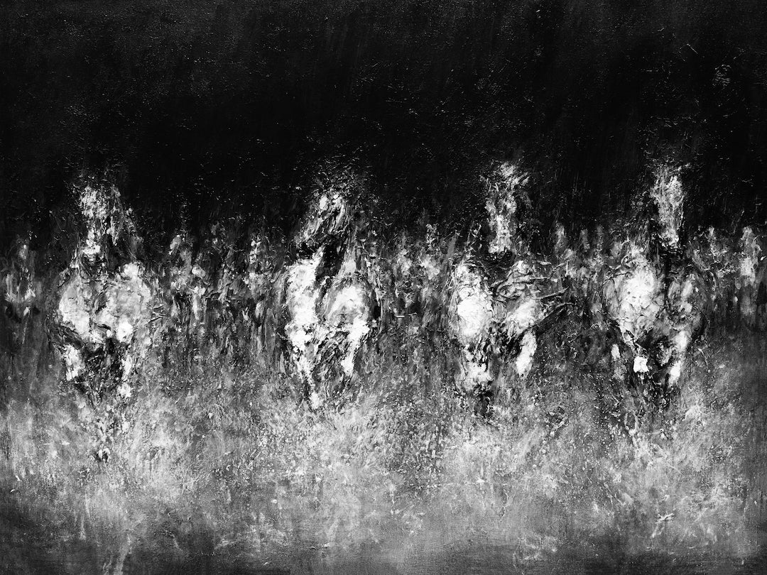 Limited fine art print featuring a dynamic herd of horses in black and white with rich contrast and gallery-level. - Midnight Run /#300/D - Black & White, Color, Horses & Wildlife, Prints, Subject Matter