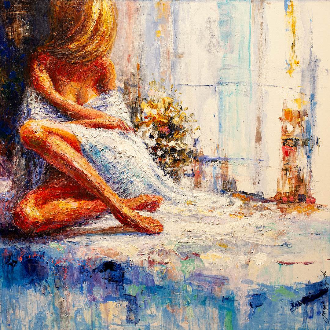 Richly textured fine art painting of a seated woman in warm tones, showcasing expert craftsmanship and gallery-level quality . - Morning is Glow/AP/#301 - Artist Proofs, Figurative AP, Rolled Canvas