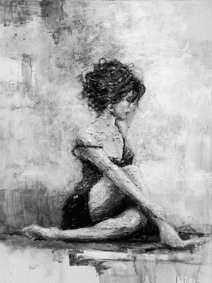 Black and white figurative fine art print of a seated woman with textured brushstrokes, showcasing rich craftsmanship and. - Scarlett /#302/D - Black & White, Color, Figurative, Prints, Subject Matter