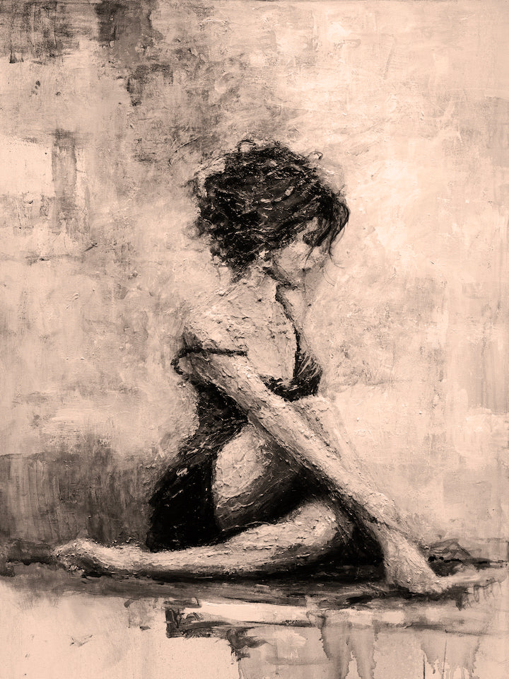 Rich sepia-toned figurative print showcasing a finely crafted, contemplative female figure seated with detailed texture and. - Scarlett /#302/E - Color, Figurative, Prints, Sepia, Subject Matter