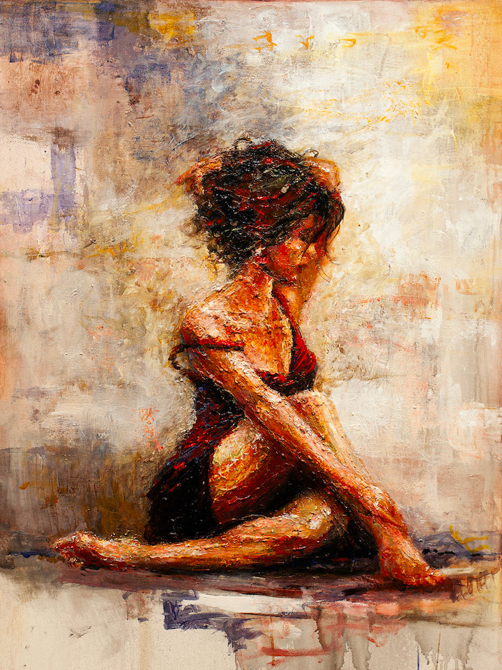 Limited fine art canvas depicting a rich, textured figurative woman seated with crossed legs, showcasing gallery-level. - Scarlett/AP/#302 - Artist Proofs, Figurative AP, Rolled Canvas