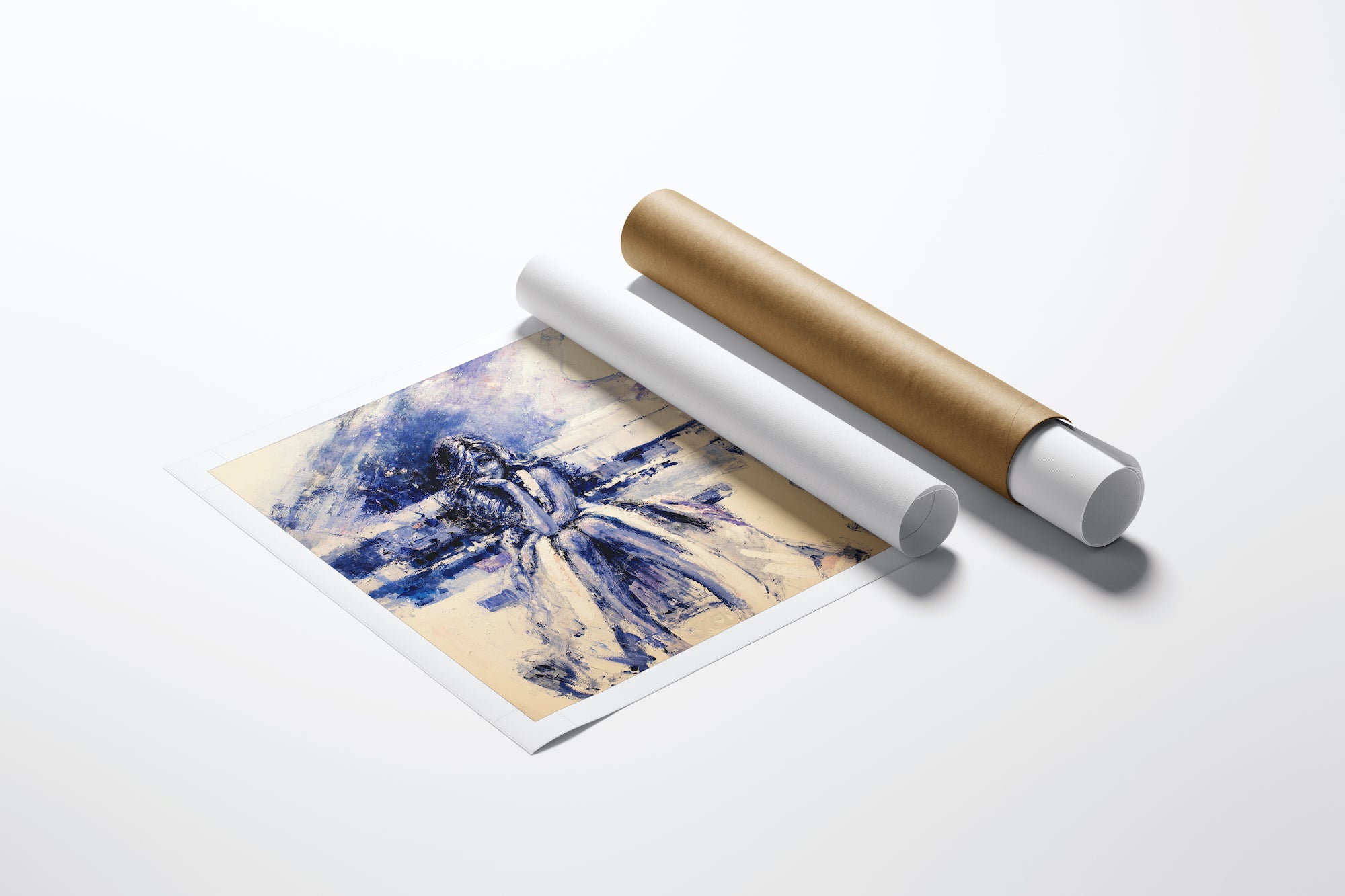 Limited fine art print showing a rich, figurative woman playing piano in blue and beige tones, rolled canvas with quality. - Dream Big/AP/#303 - Artist Proofs, Figurative AP, Rolled Canvas, Women & Piano AP
