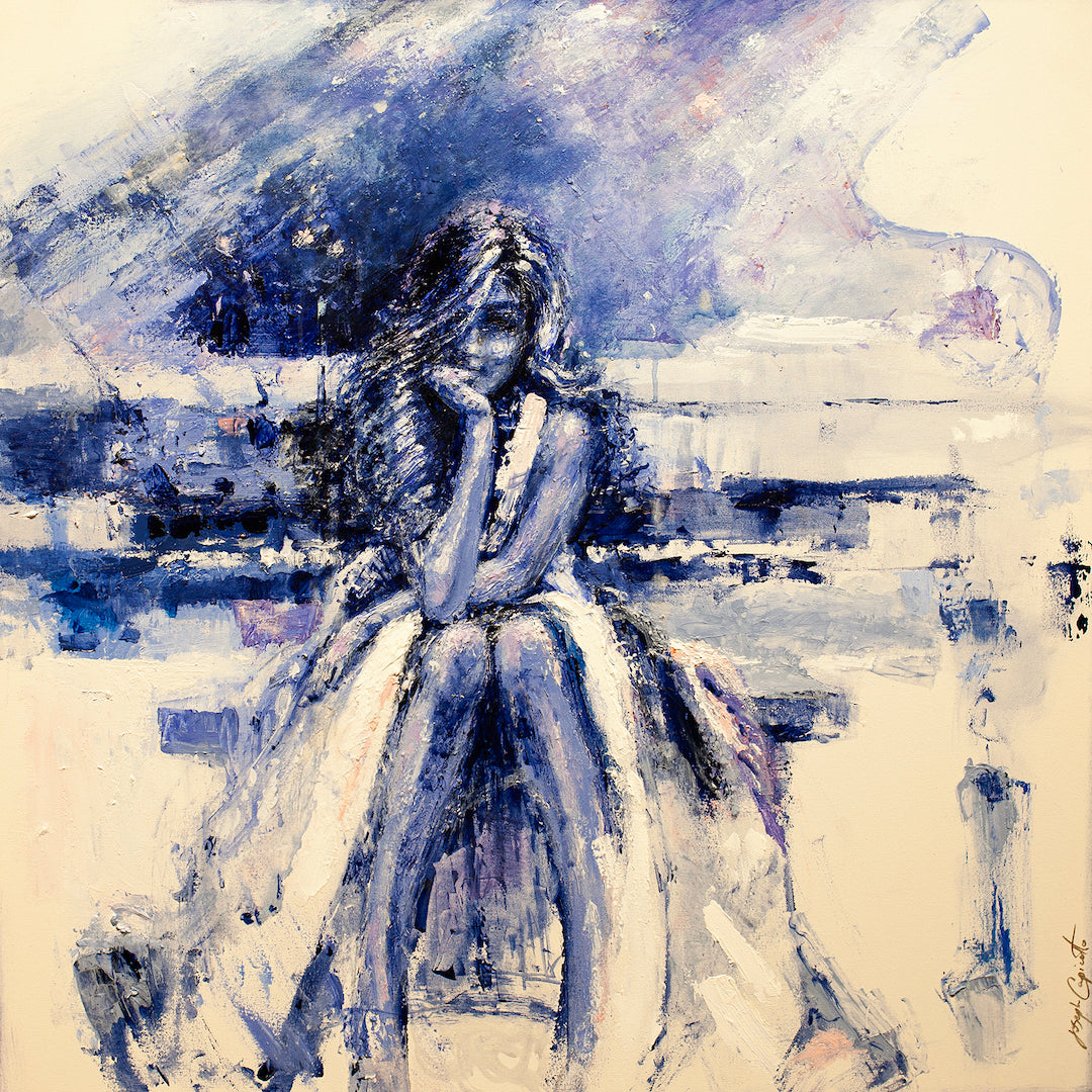 Limited fine art canvas showing a contemplative woman seated beside a grand piano in textured rich blue and white. - Dream Big/AP/#303 - Artist Proofs, Figurative AP, Rolled Canvas, Women & Piano AP