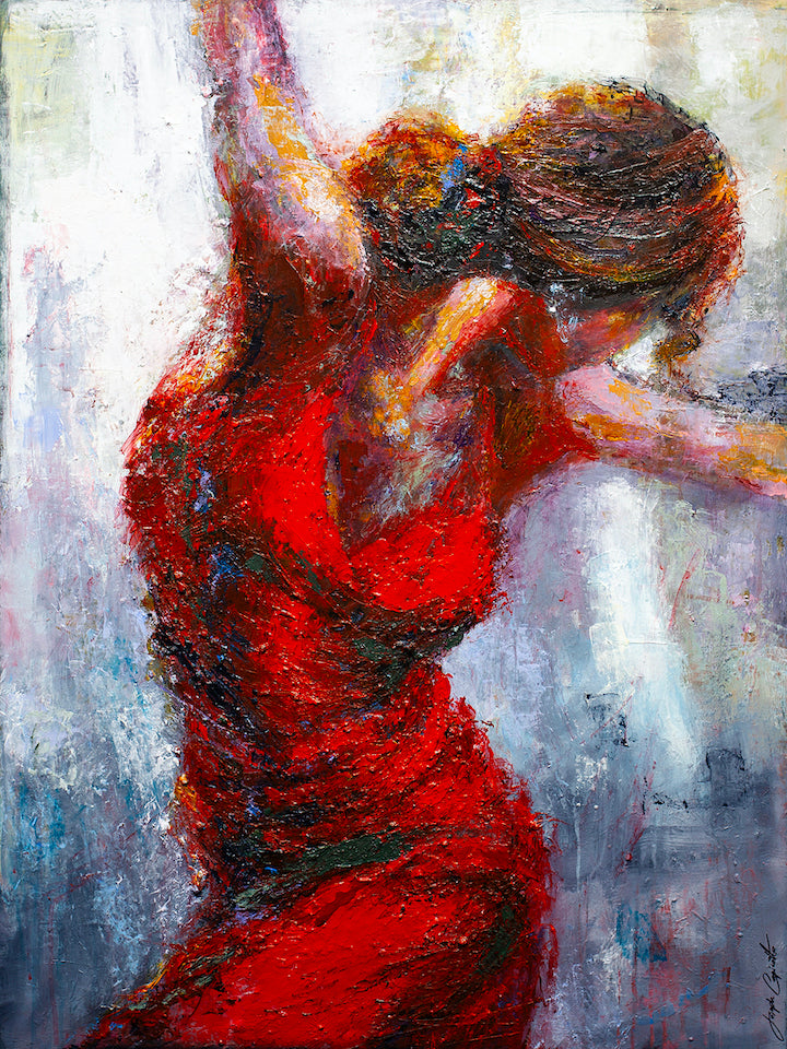 Richly textured fine art of a dancer in a vibrant red dress, captured in dynamic motion with expressive brushstrokes,. - Breaking Free/AP/#305 - Artist Proofs, Dancers AP, Figurative AP, Rolled Canvas
