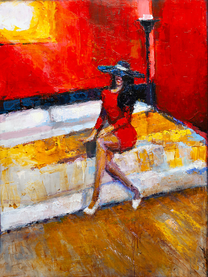 Rich fine art painting of a woman in a red dress and blue hat sitting on a white couch against a vibrant red wall,. - Sunny Disposition/AP/#306 - Artist Proofs, Figurative AP, Rolled Canvas