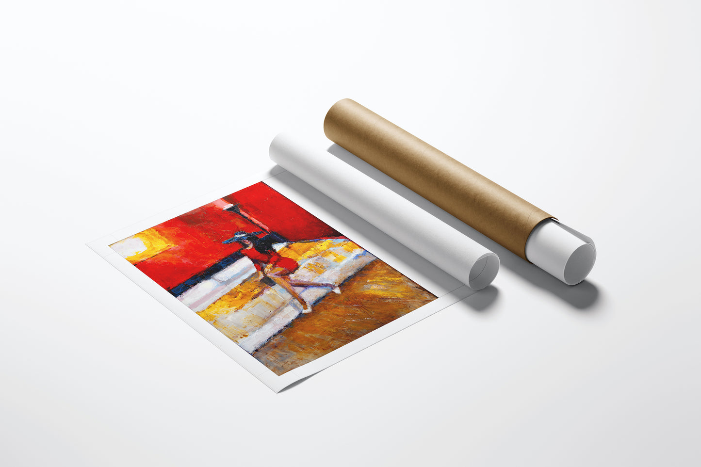 Limited fine art print "Sunny Disposition" with rich red and yellow tones, displayed beside brown and white protective. - Sunny Disposition/AP/#306 - Artist Proofs, Figurative AP, Rolled Canvas