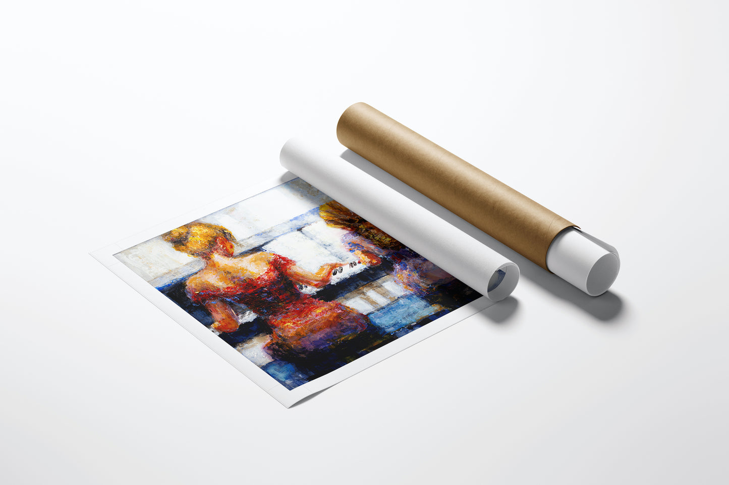 Rolled fine art canvas featuring rich, gallery-level figurative painting of a woman playing piano with exquisite. - Key Connections/AP/#307 - Artist Proofs, Figurative AP, Rolled Canvas, Women & Piano AP