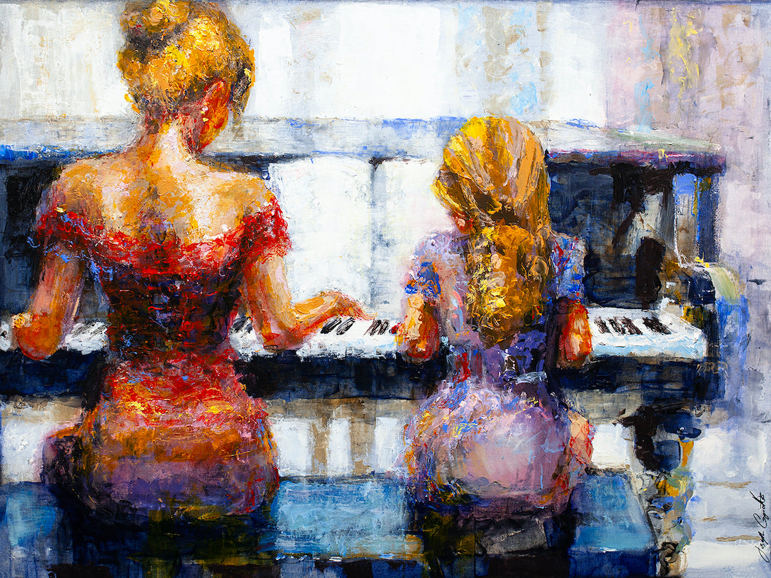 Rich, gallery-level fine art painting of two women playing piano, textured brushstrokes in warm tones. - Key Connections/AP/#307 - Artist Proofs, Figurative AP, Rolled Canvas, Women & Piano AP