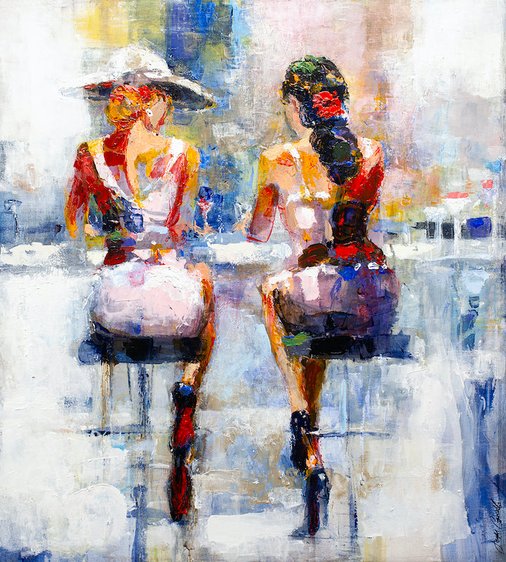 Richly textured fine art painting depicting two women in elegant dresses and hats seated side by side at a bar, rendered. - Seaside Tropical/AP/#308 - Artist Proofs, Figurative AP, Rolled Canvas