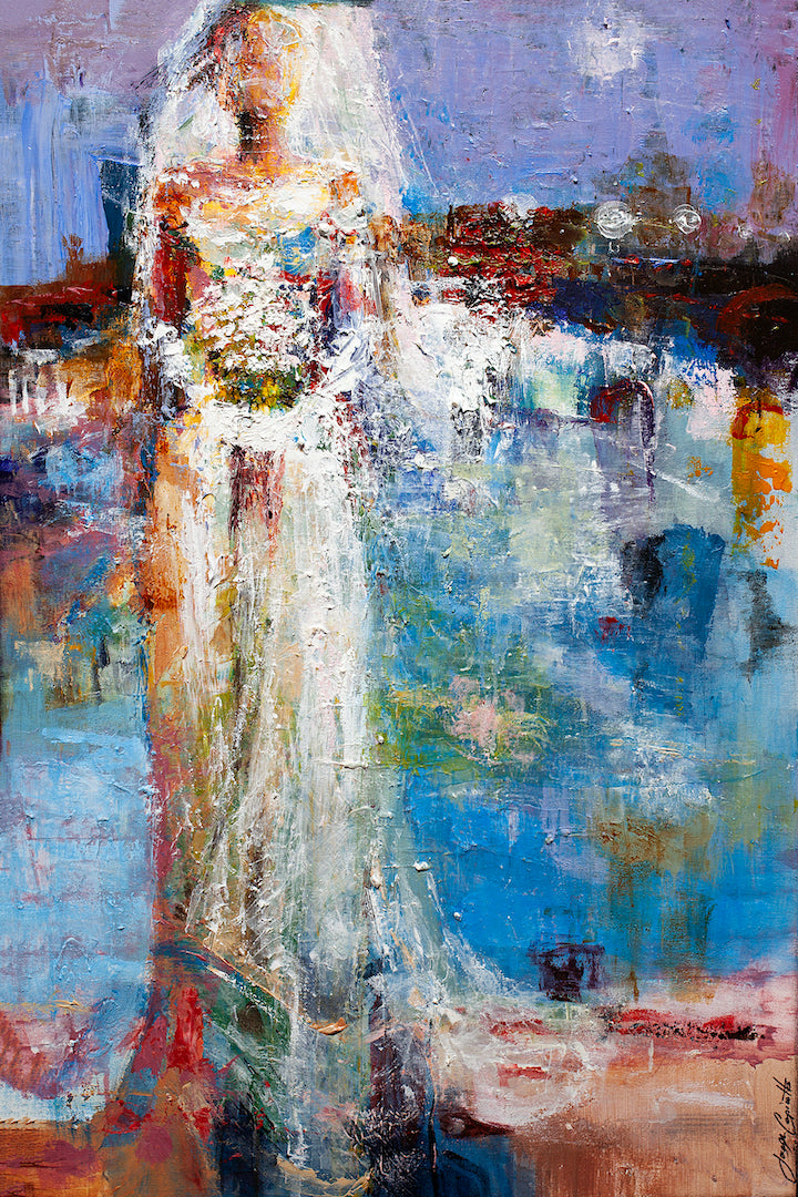 Abstract figurative painting of a bride in a textured white gown with rich purples, blues, and warm accents on rolled. - The Bride/AP/#309 - Abstract AP, Artist Proofs, Figurative AP, Rolled Canvas