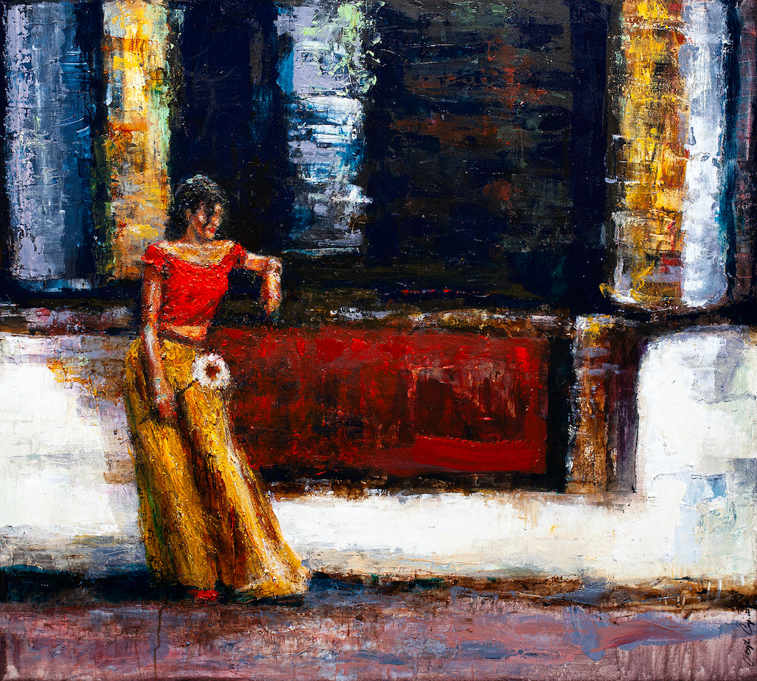 Richly textured figurative fine art showing a woman in a red top and mustard skirt leaning on a ledge against a dark,. - Waiting On a Friend/AP/#310 - Artist Proofs, Figurative AP, Rolled Canvas