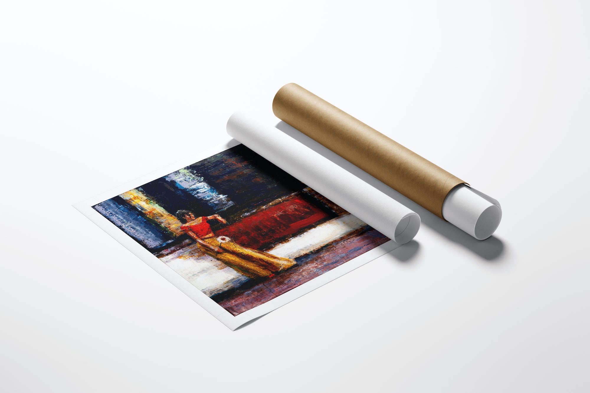 Rolled canvas fine art print showing rich, detailed figurative scene with deep blue and warm red tones next to protective. - Waiting On a Friend/AP/#310 - Artist Proofs, Figurative AP, Rolled Canvas