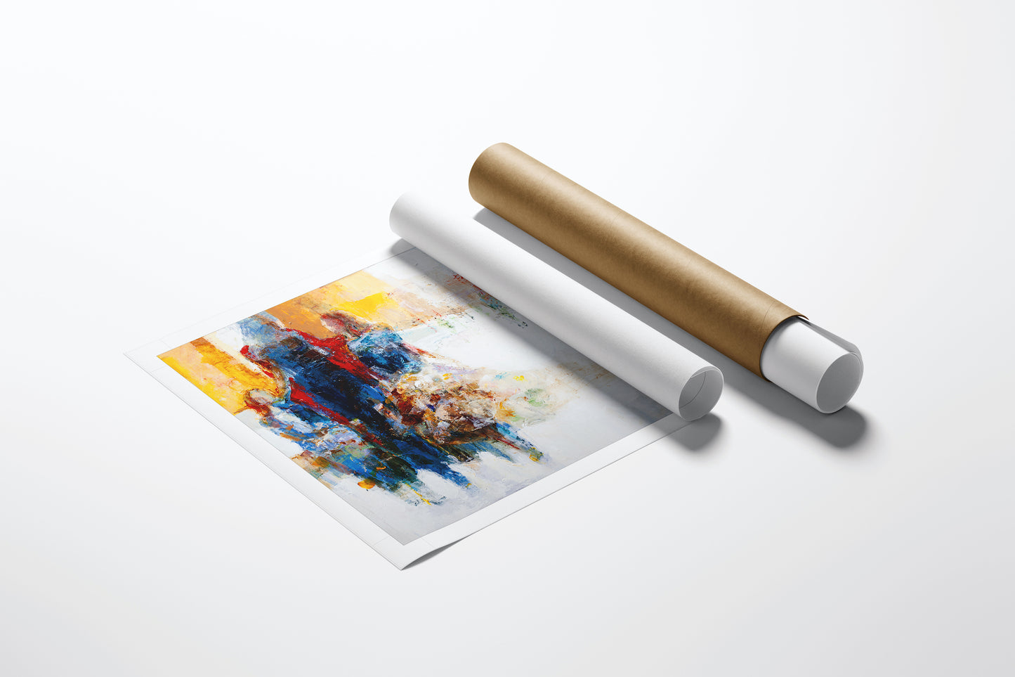 Rolled fine art canvas print with rich, abstract brushstrokes in warm yellows, deep blues, and vibrant reds, showcasing. - Mother and Daughters/AP/#311 - Abstract AP, Artist Proofs, Figurative AP, Rolled Canvas