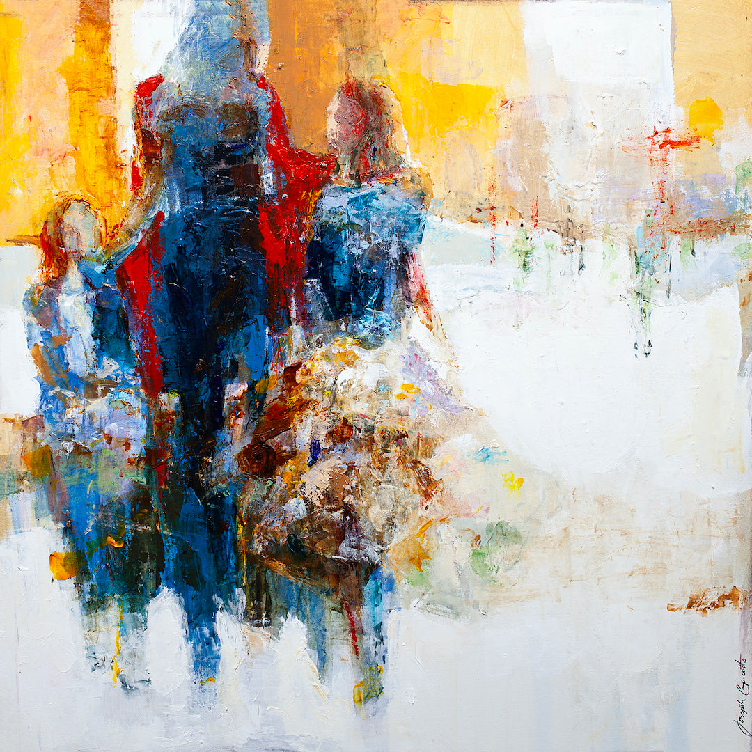 Abstract fine art painting of a mother and two daughters in rich blue, orange, and white tones on gallery-level rolled canvas. - Mother and Daughters/AP/#311 - Abstract AP, Artist Proofs, Figurative AP, Rolled Canvas