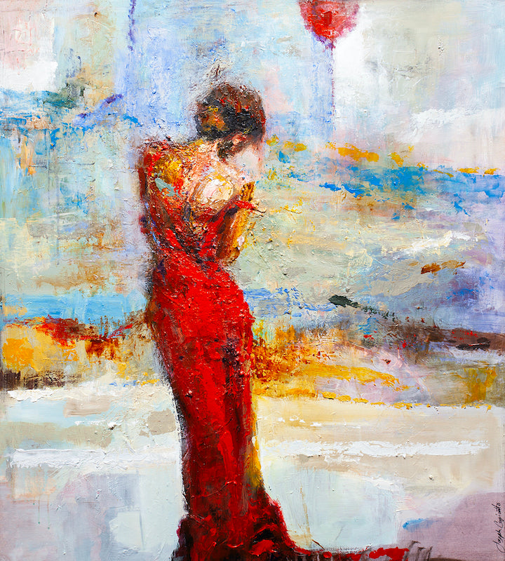Gallery-level fine art painting of a woman in a rich red dress holding a red balloon, textured brushstrokes highlight. - Red Balloon/AP/#312 - Artist Proofs, Figurative AP, Rolled Canvas