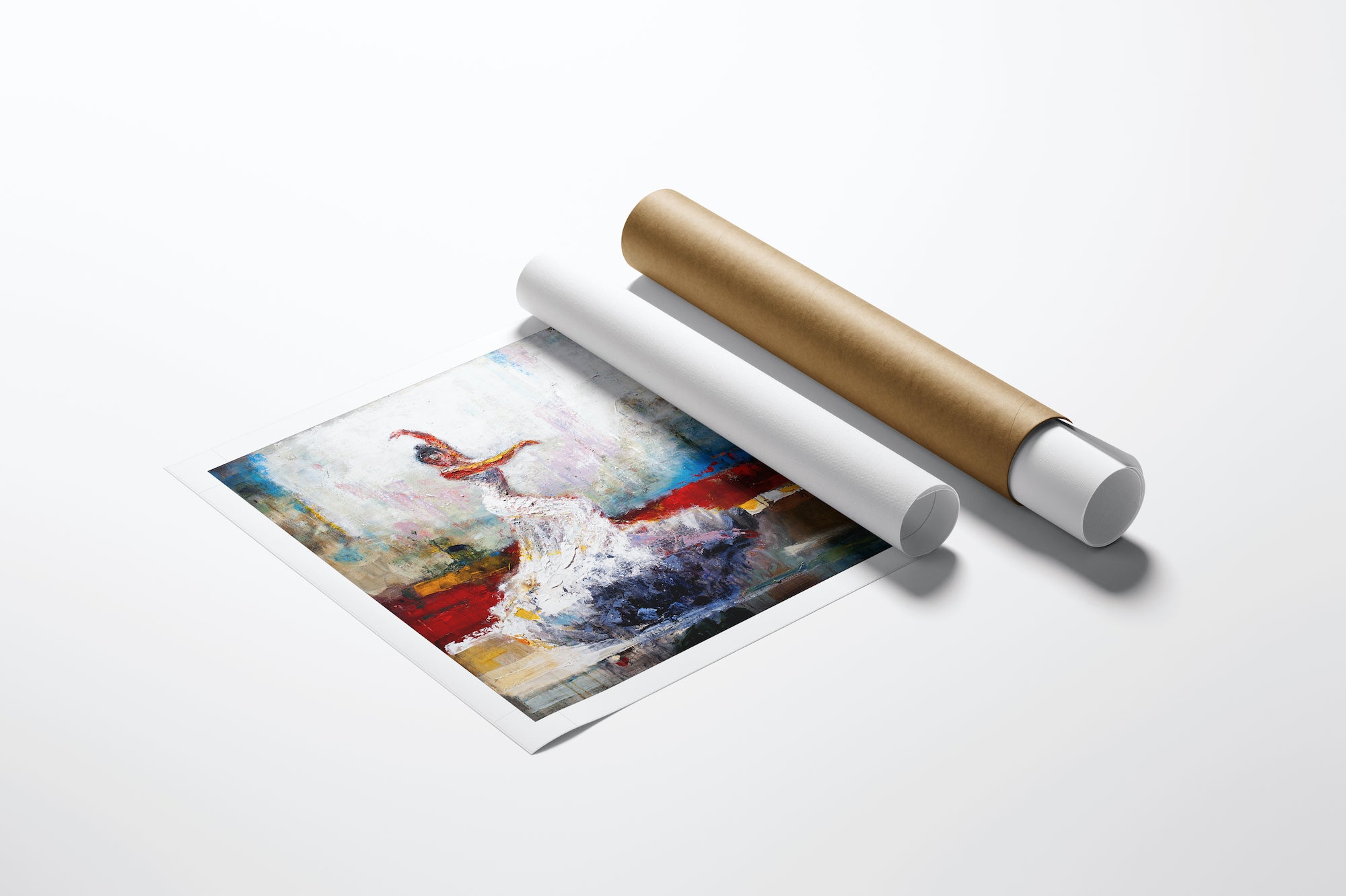Limited edition fine art print rolled on canvas, featuring rich, abstract figurative dancers in vibrant reds, whites, and. - Dancing with Dali/AP/#313 - Artist Proofs, Dancers AP, Figurative AP, Rolled Canvas