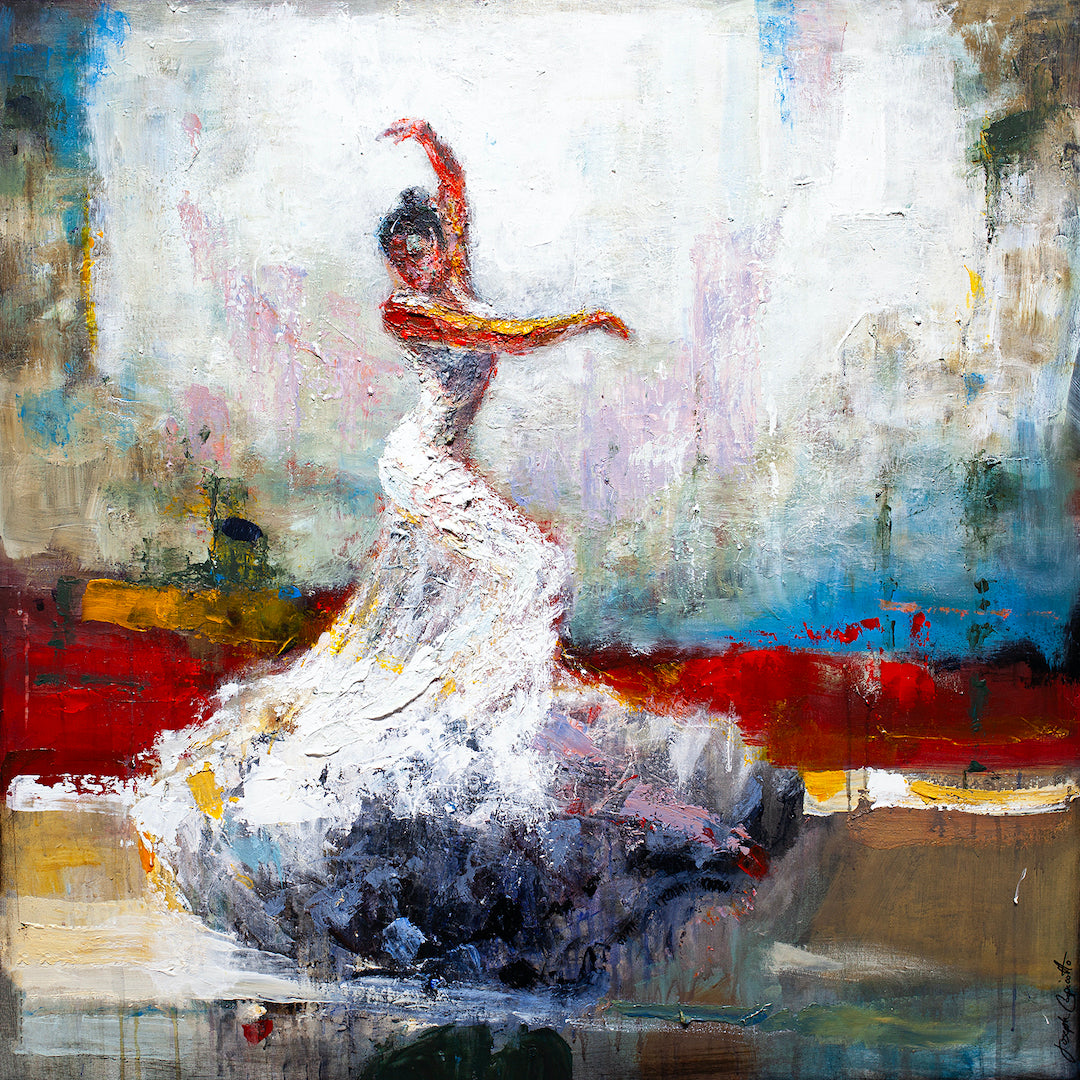 Richly textured fine art canvas showing a dynamic dancer in a flowing white dress, vivid brushstrokes capturing motion. - Dancing with Dali/AP/#313 - Artist Proofs, Dancers AP, Figurative AP, Rolled Canvas