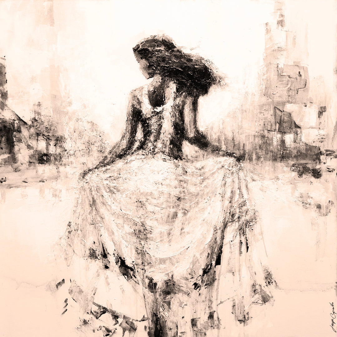 Limited fine art print featuring a sepia-toned figurative dancer with flowing hair holding a textured dress, rich in. - Cherry Blosson/#314/E - Color, Dancers, Figurative, Prints, Sepia, Subject Matter