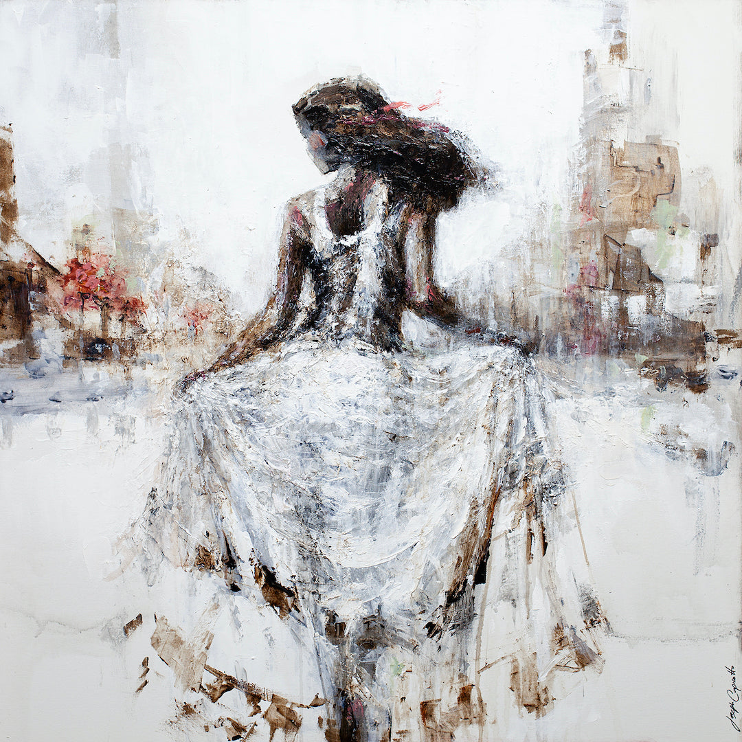 Gallery-level fine art painting of a dancer in a flowing white dress, textured brushstrokes, rich earthy tones, and dynamic. - Cherry Blosson/AP/#314 - Artist Proofs, Dancers AP, Figurative AP, Rolled Canvas