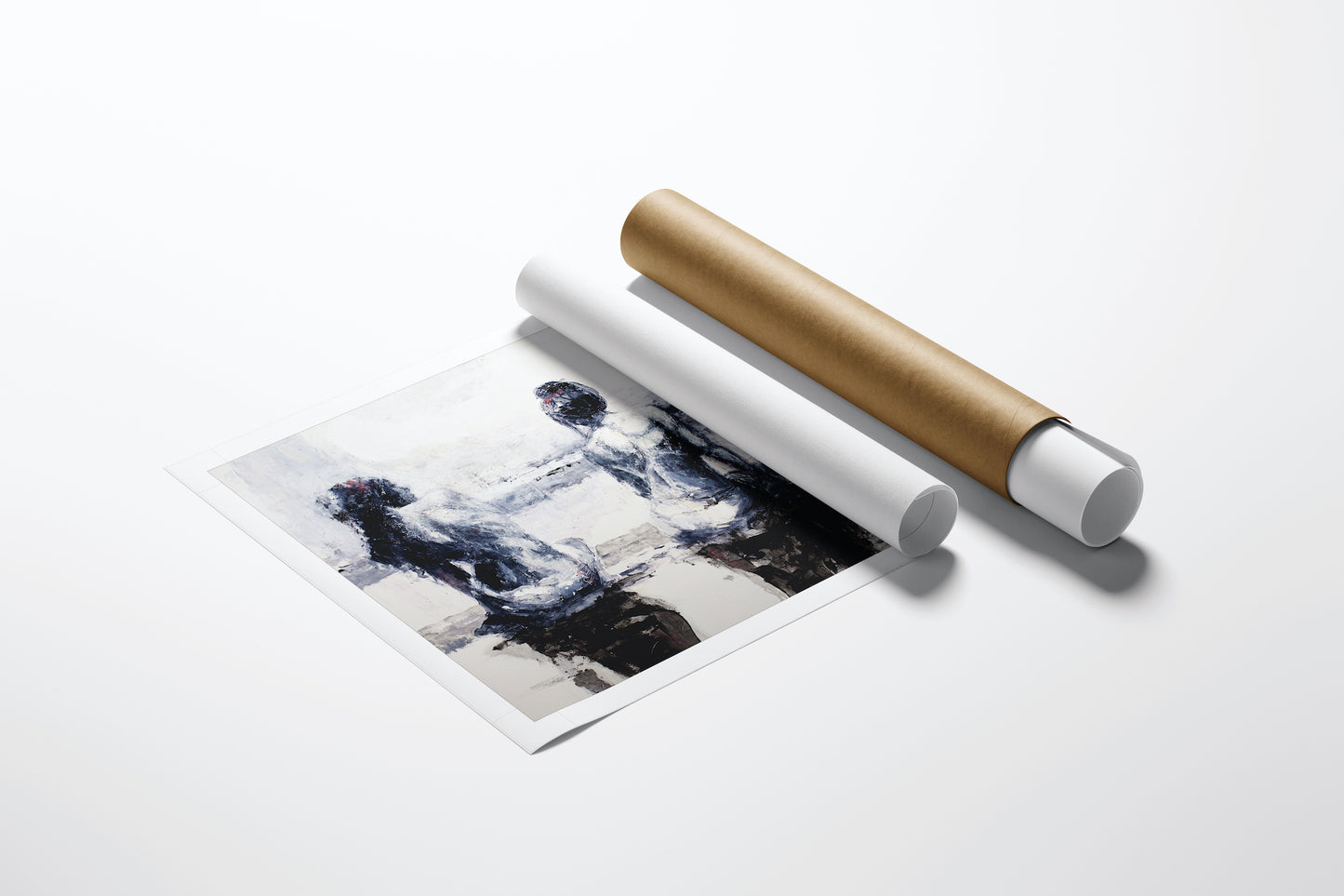 Rolled fine art canvas with rich black and white figurative abstract design beside a closed brown and white protective tube. - Rio/AP/#315 - Artist Proofs, Figurative AP, Rolled Canvas