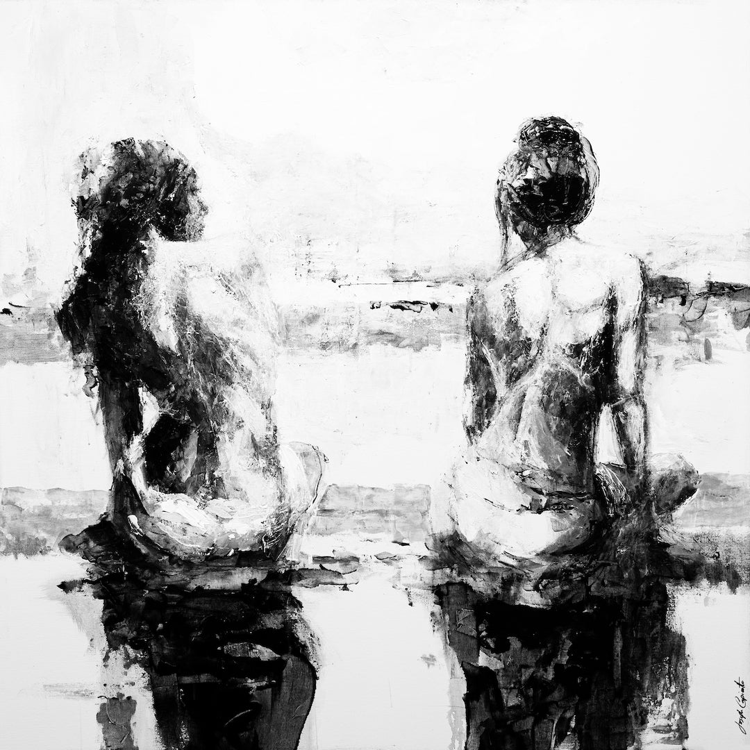 Black and white figurative fine art print of two seated nude figures viewed from behind, showcasing rich textures and. - Rio/#315/D - Black & White, Color, Figurative, Prints, Subject Matter