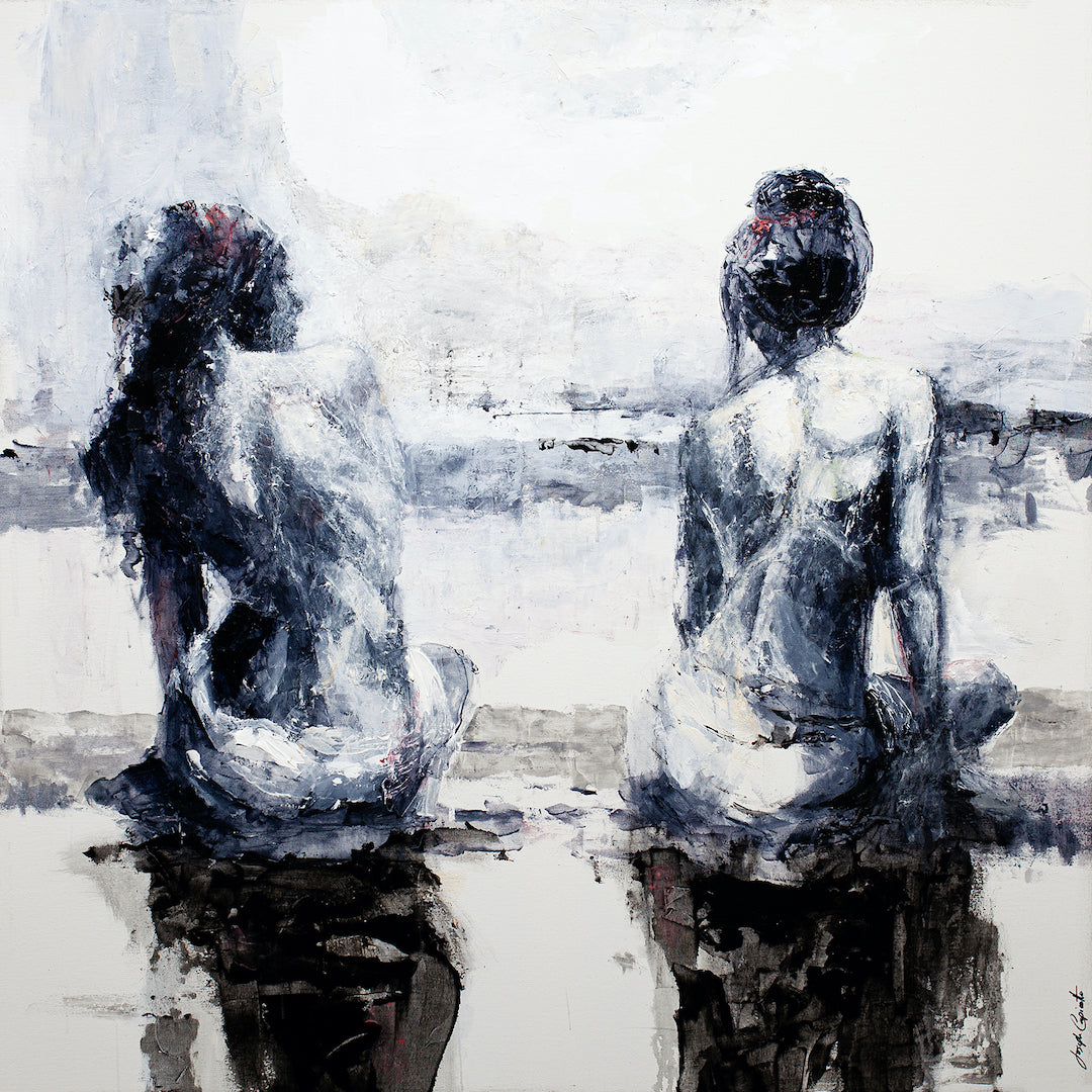 Limited fine art canvas featuring two seated nude figures in muted blues and grays, showcasing rich texture and. - Rio/AP/#315 - Artist Proofs, Figurative AP, Rolled Canvas