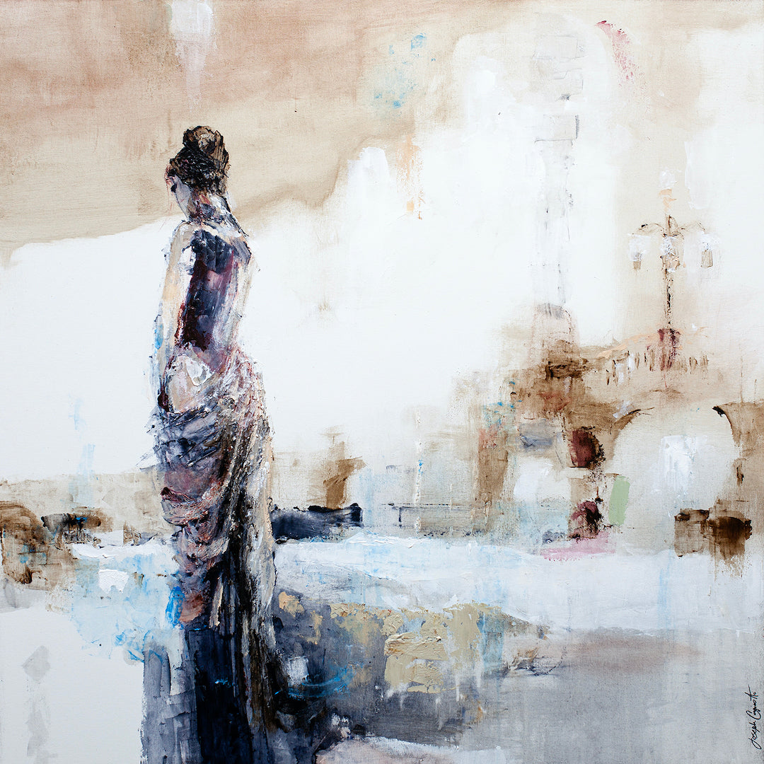 Abstract figurative artwork on rolled canvas, depicting a tall, dark-cloaked figure with rich textures against a soft,. - Figurine/AP/#316 - Abstract AP, Artist Proofs, Figurative AP, Rolled Canvas