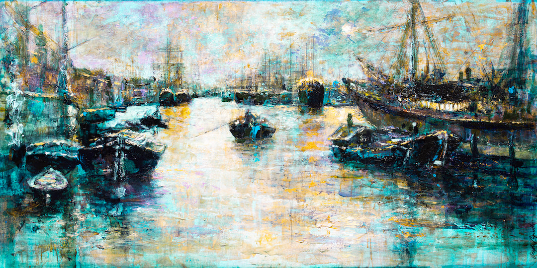 Limited fine art canvas print depicting a rich green and blue London dock water scene with boats, showcasing gallery-level. - London Docks/#322/A - Color, Greens, Prints, Subject Matter, Water Scenes
