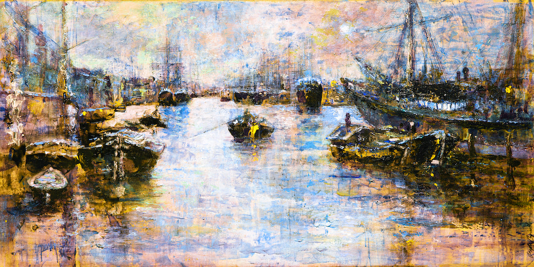 Richly textured fine art canvas depicting a vibrant London dock scene with blues and oranges, detailed boats, and water. - London Docks/#322/B - Blues, Color, Oranges, Prints, Subject Matter, Water Scenes