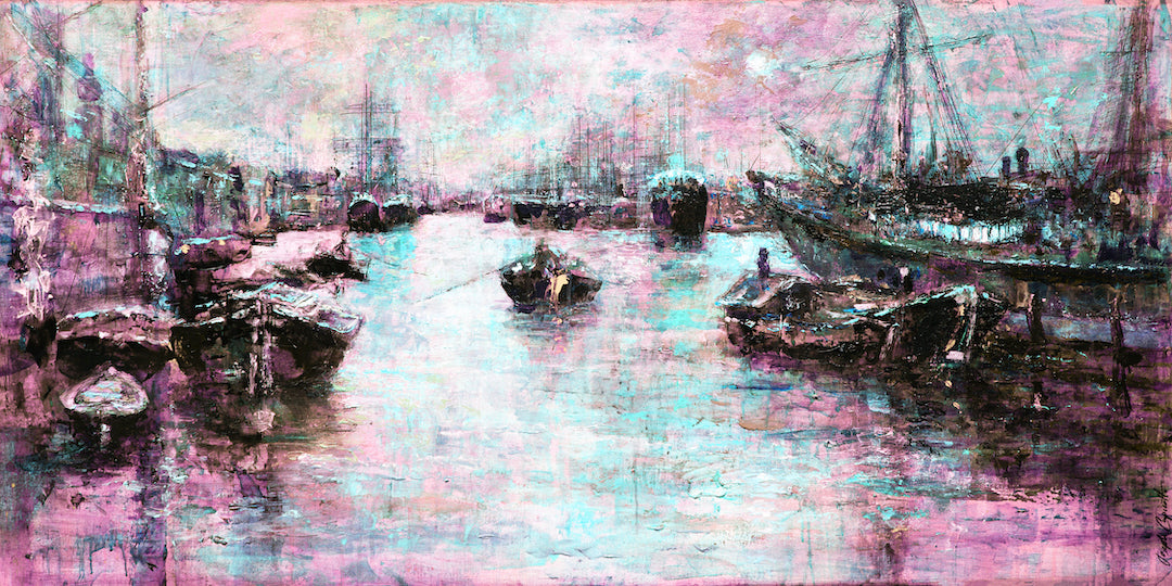 Rich gallery-level fine art canvas print depicting a moody London dock water scene with blues and purples, showcasing expert . - London Docks/#322/C - Blues, Color, Prints, Purples, Subject Matter, Water Scenes