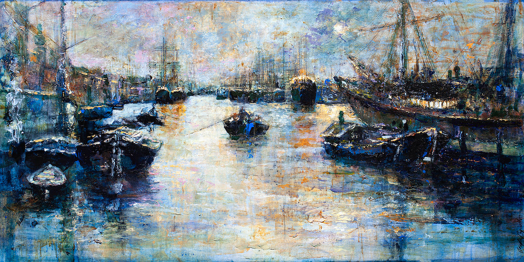 Limited fine art canvas depicting rich, textured water scene at London docks with detailed boats and vibrant reflections,. - London Docks/AP/#322 - Artist Proofs, Rolled Canvas, Water Scenes AP